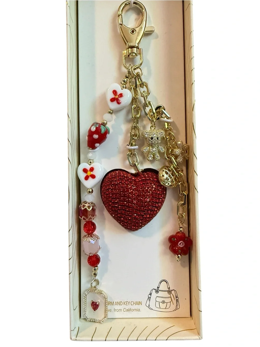 ♥️EYE CANDY♥️Red Heart Flower Teddy Bear Keychain/Bag Charm/NIB